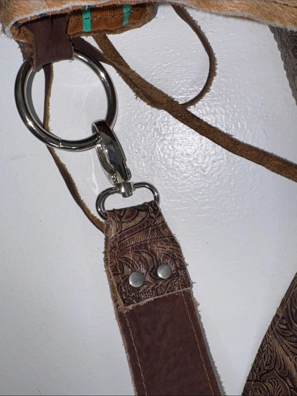 Brown and Tan Leather Fringe Hobo Bag with Turquoise Accent